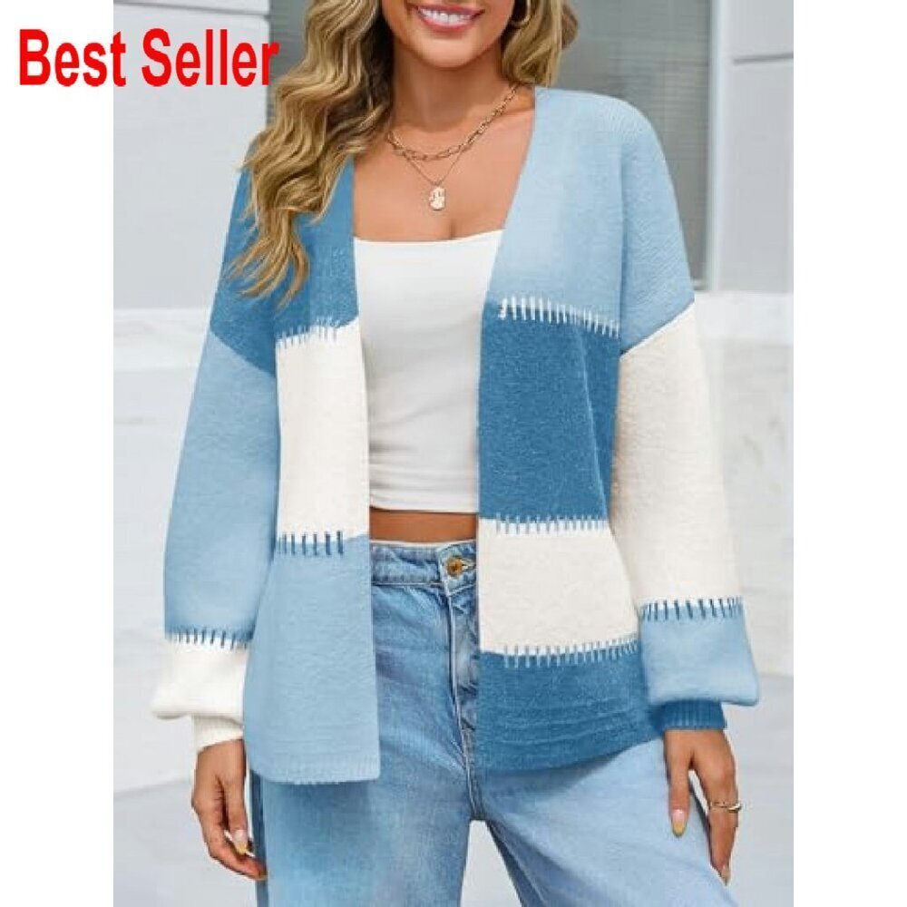 Chunky Knit Cardigan Open Front Puff Sleeve Color Block Fall Outerwear Chic - Picture 3 of 8